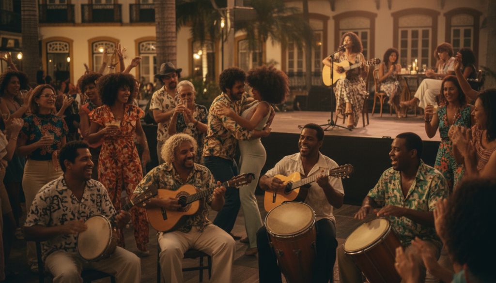 Músicos tocando pagode, casal dançando samba-rock e cantor de bossa nova, unindo a família samba em uma celebração musical.