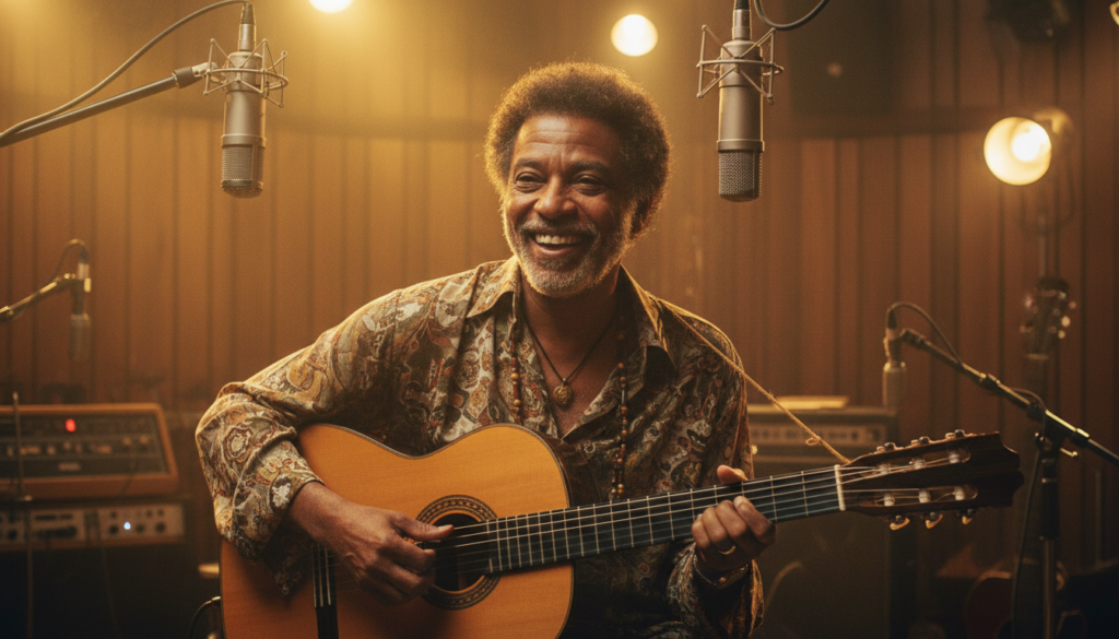 Gilberto Gil com guitarra, cantor e compositor brasileiro, ícone tropicalista e ex-ministro da cultura.