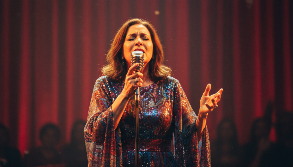 Maria Bethânia cantando ao vivo, ícone da MPB, palco, emoção, música brasileira, artista.