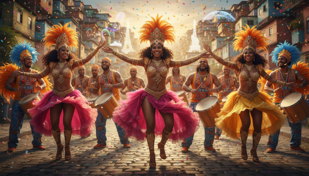 Sambistas dançando, Carnaval, cultura brasileira, música samba, dança do samba, Rio de Janeiro, patrimônio cultural.