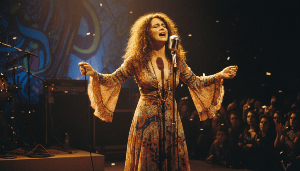Gal Costa cantando intensamente no palco, com microfone e iluminação artística, representando sua era pós-Tropicália de experimentação musical.