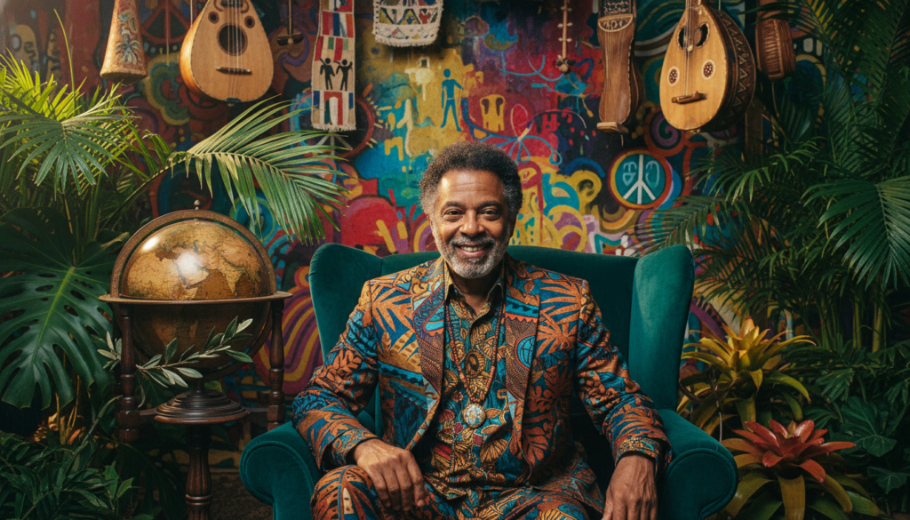 Gilberto Gil sorrindo, com elementos tropicais e símbolos globais ao fundo, representando sua influência cultural da Tropicália à UNESCO.