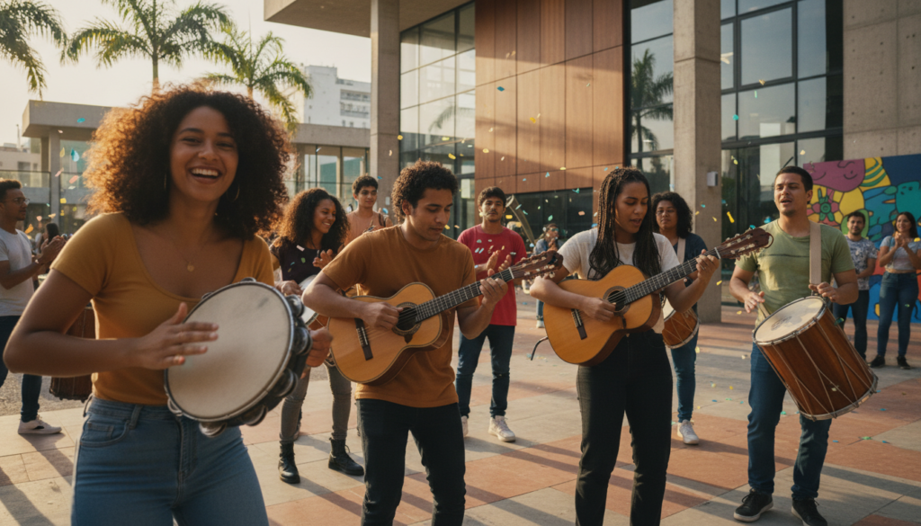Grupo de jovens sambistas tocando instrumentos tradicionais como pandeiro e cavaquinho em um ambiente cultural moderno e vibrante.