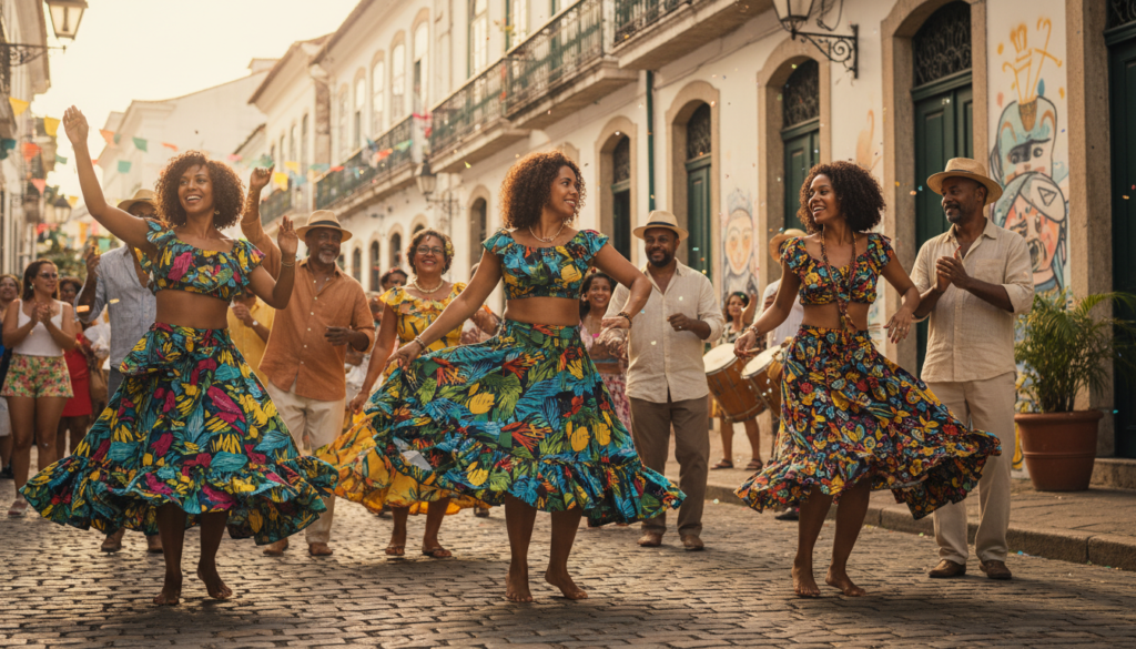 Grupo de pessoas felizes dançando samba com energia em uma rua do Brasil, celebrando a cultura brasileira